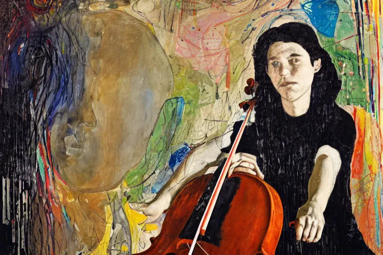 Image similar to portrait of a young cellist focusing with a background of hundreds of cellos by vincent lefevre and hernan bas and pat steir and hilma af klint, psychological, symmetrical face, dripping paint, rendered in octane, altermodern, masterpiece