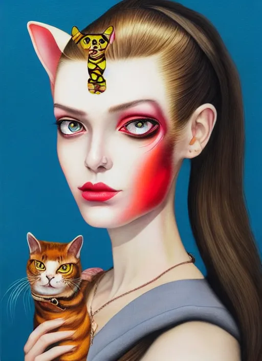 Image similar to beautiful portrait painting of a beautiful attractive woman with a cyborg cat, by Afarin Sajedi, Alessandro Barbucci, Alex Gross, Shin Jeongho, Shohei Otomo. trending on Artstation, 8k, masterpiece, face enhance, graffiti paint, fine detail, full of color, intricate detail, golden ratio illustration