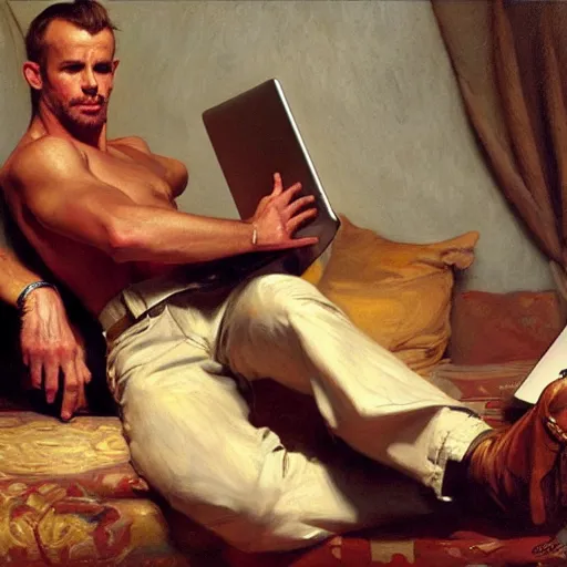 Image similar to cam gigandet types on his laptop, painting by gaston bussiere, craig mullins, j. c. leyendecker, tom of finland