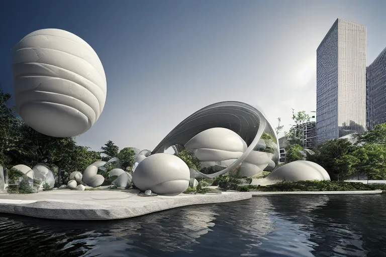 Image similar to a building formed by the intersection and fusion of many multi - white spherical and egg - shaped spaces. on the calm lake, people's perspective modern curved architecture, future, wood, marble, metal award winning, highly detailed 4 k art, dusk, unreal engine highly rendered, global illumination, radial light, internal environment by kazuyo sejima