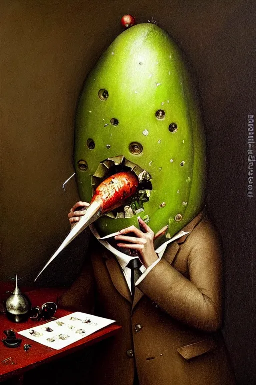 Image similar to hieronymus bosch, greg rutkowski, anna podedworna, painting of a pickle in a suit and tie