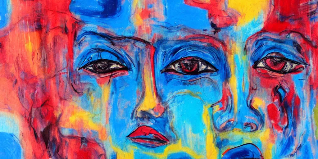 Image similar to chaotic expressionism painting of a face, blue color palette