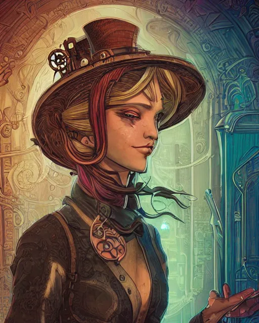 Prompt: a detailed portrait illustration of a steampunk tech - sorcerer. attractive female face, ginger. art nouveau, pop art, comic book style. influenced by neil gaiman, h. p. lovecraft, dan mumford, brian froud, heade, killian eng, ross tran.