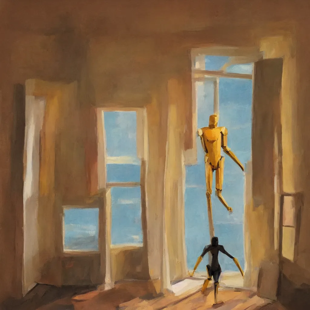 Image similar to minimalist well lit room, a half human and half robot is staring out the window overlooking the ocean. warm colors, in the style of abercrombie, gertrude, craola,