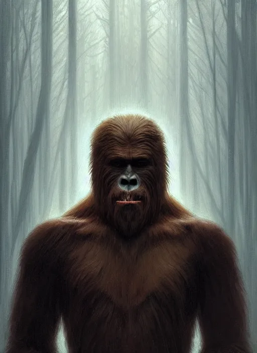 Image similar to symmetry!! portrait of scary bigfoot, horror, moody lights!! intricate, scary, highly detailed, digital painting, artstation, concept art, smooth, sharp focus, illustration, art by artgerm and greg rutkowski and alphonse mucha