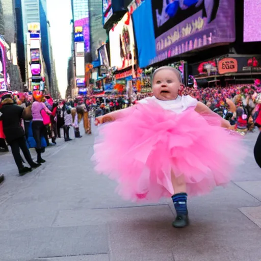 Image similar to A baby and and a pig wearing a tutu dancing in Times Square, New York, high quality, 4k, ArtStstion trending