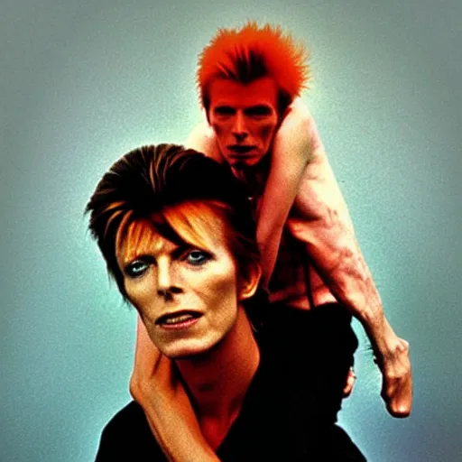 Prompt: david bowie getting a piggy back ride from ziggy stardust