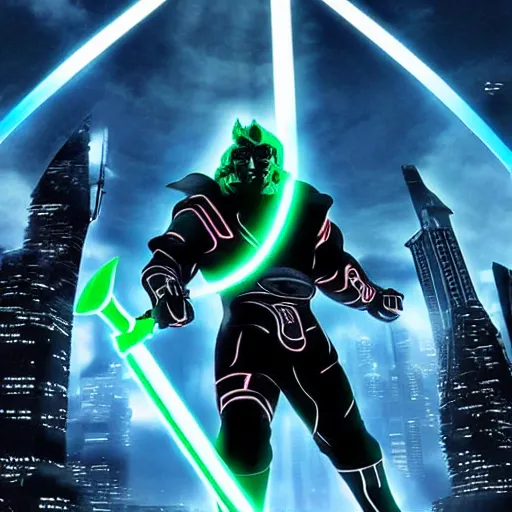 Prompt: Ganondorf in the style of Tron Legacy, wielding a large neon fantasy greatsword, tron legacy city in the background, dark black sky