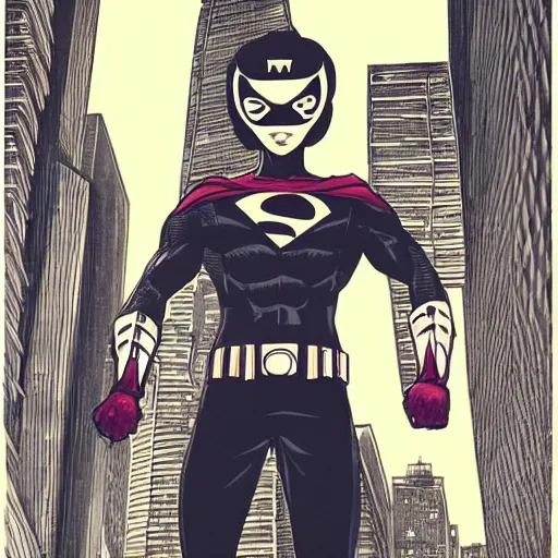 Image similar to Manga illustration of masked super hero, full body and head portrait by Tetsuo Hara. Depth of field, zoom out 35mm camera, awesome cityscape in the background, highly detailed concept art, detailed pencil art by Kengo Hanazawa