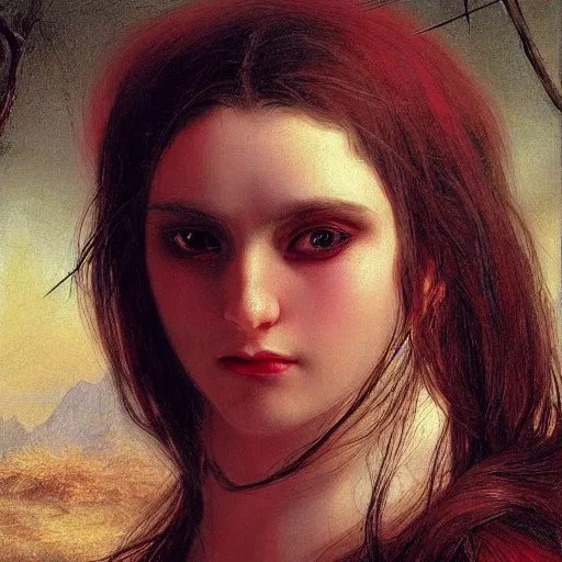 Prompt: portrait of beautiful vampire, thorns, headshot, pale skin, 4k, rule of thirds, extreme detail, detailed drawing, trending artstation, hd, fantasy, realistic lighting, by Albert Bierstadt, Frederic Edwin Church.