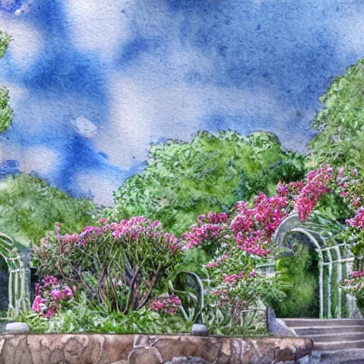 Image similar to delicate marble in a botanic garden, stony, puffy clouds, botanical herbarium paper, watercolor colored painting and pencil, iridescent colors, 8 k, realistic shaded, fine details, artstation, italian, colonnade, vines, flowers, gardena architecture, pompeii