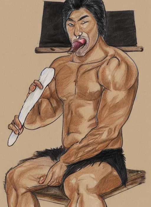 Prompt: muscular man sitting down with a popsicle in mouth, tan skin, stubble, black hair, hairy chest hair, detailed traditional Japanese house, drawn by Tetsuo Hara, 4K