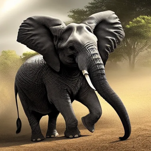 Prompt: an elephant crumbles and turns into dust that disperses in the air, photorealistic