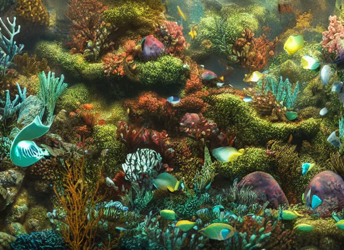 Image similar to overgrown foliage overtaking favela, underwater environment, coral, scenery, professional, award - winning, trending on artstation, detailed, realistic, beautiful, emotional, shiny, golden, picture