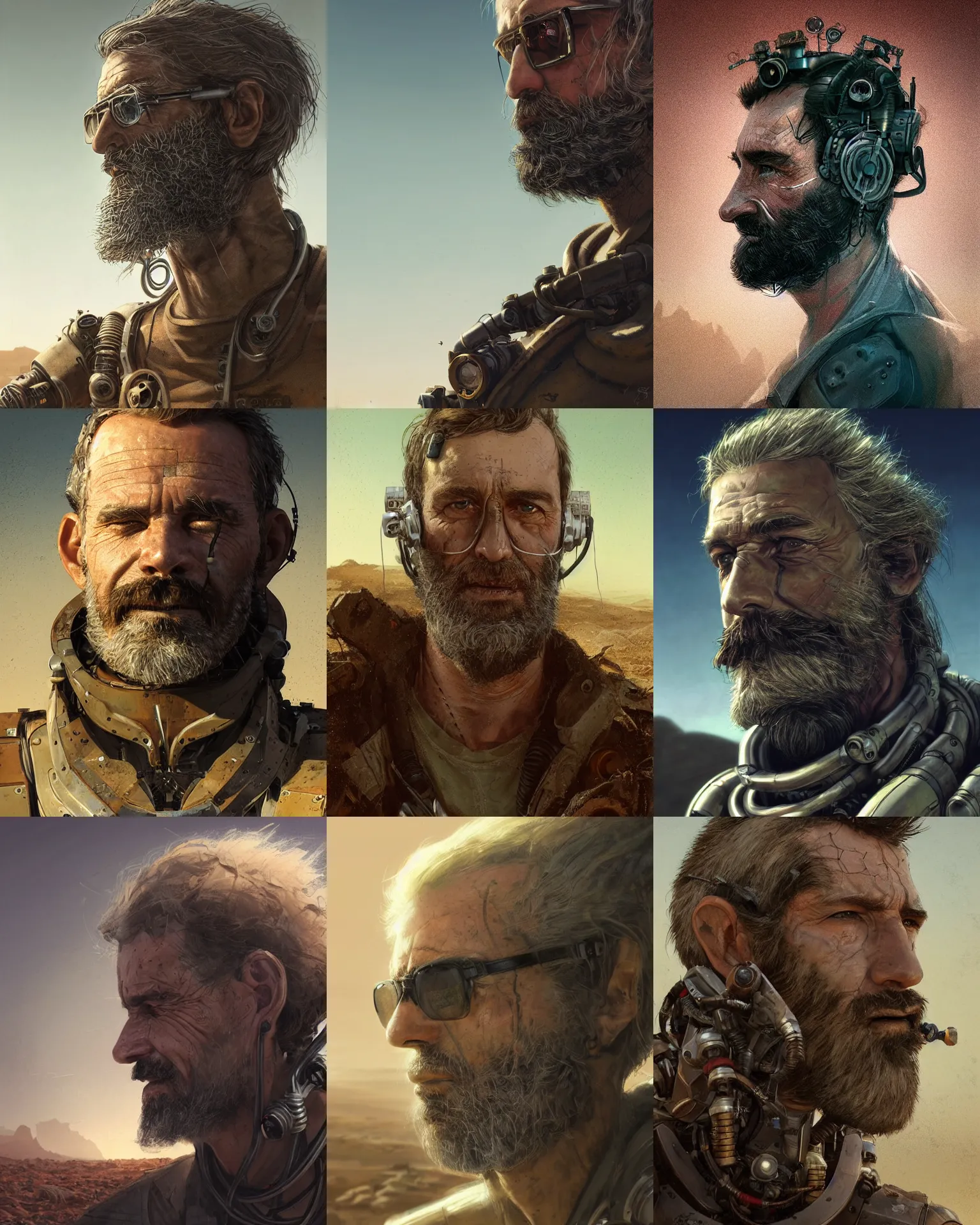 Prompt: a rugged middle aged engineer man with cybernetic enhancements and weird hair lost in the desert, scifi character portrait by greg rutkowski, esuthio, craig mullins, short beard, green eyes, 1 / 4 headshot, cinematic lighting, dystopian scifi gear, gloomy, profile picture, mechanical, half robot, implants, steampunk