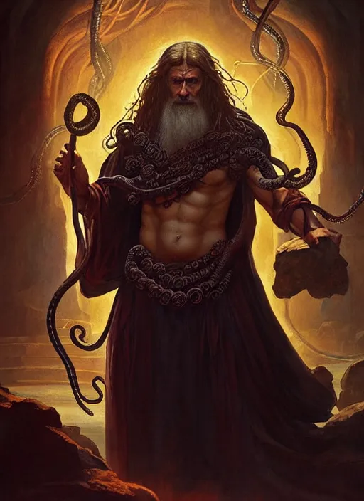 Prompt: modern movie poster of an ancient greek warlock with magic lovecraftian tentacles in the background, dungeons and dragons artwork, dramatic lighting, digital painting, masterpiece, by leonardo da vinci, raphael, artgerm, greg rutkowski, vibrant colors