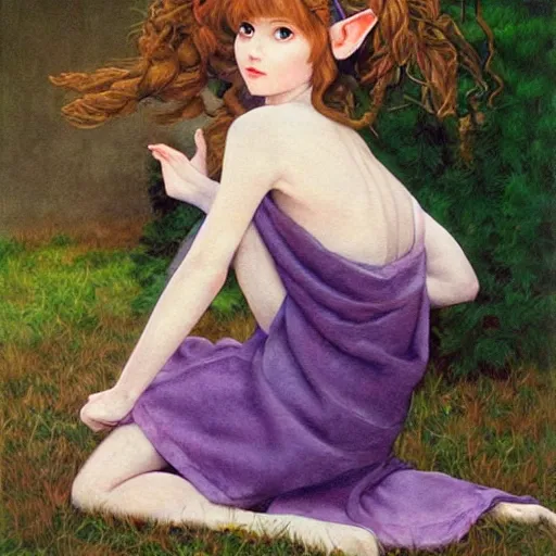 Image similar to little elf, purple tunic, soft hair. light color palate, detailed soft painting, ayami kojima, anatomically correct, inspired in balthus