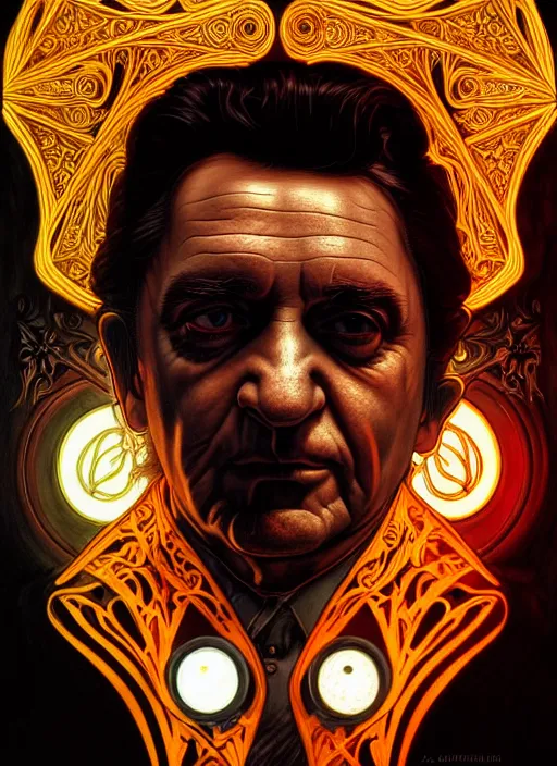 Image similar to portrait of johnny cash glowing eyes, volumetric lights, feast, music notes, art nouveau botanicals, gothic, intricate, highly detailed, digital painting, artstation, concept art, smooth, sharp focus, symmetric face, illustration, steampunk, art by artgerm and greg rutkowski and alphonse mucha