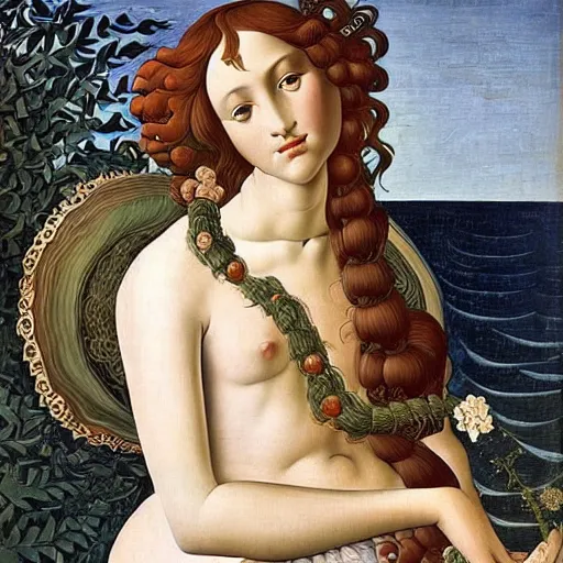 Image similar to an hyperrealistic mythological oil painting of a beautiful woman with long curly brown hair, full body, wearing floral chiton, lying in a giant scallop shell near the seashore, intricate, elegant, renaissance style, by sandro botticelli