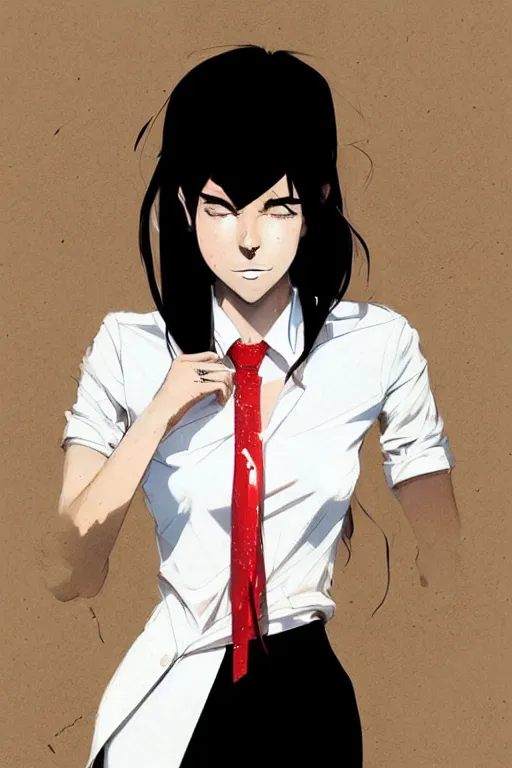 Prompt: a ultradetailed full body portrait of a woman dressed in a white shirt with a tie, by conrad roset, greg rutkowski and makoto shinkai trending on artstation