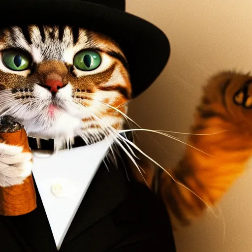 Image similar to a high detail closeup shot of a cat wearing a suit and smoking a cigar