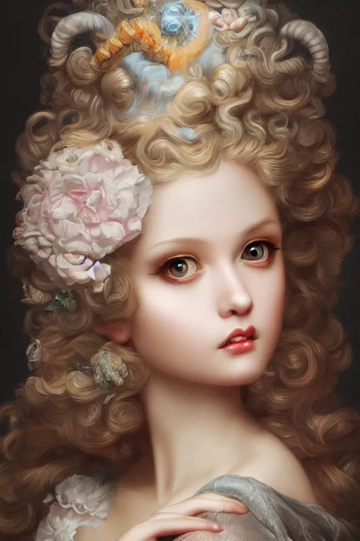 Image similar to pop surrealism, rococo, baroque hair, angelic young female seductive - fine - face, pretty face, key visual, realistic shaded perfect face, fine details by stanley artgerm lau, wlop, mark ryden, andrei riabovitchev, marc simonetti, and sakimichan, trending on artstation