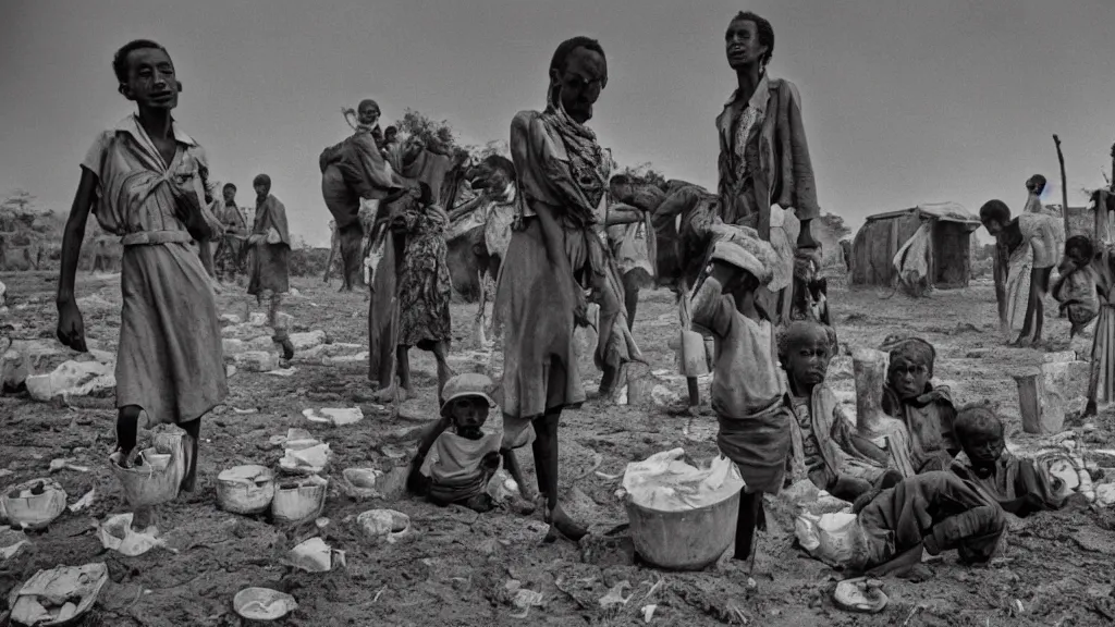 Image similar to 1 9 8 4 famine and drought in ethiopia, in the cover of new york times, wide - angle, dark, moody, 8 k