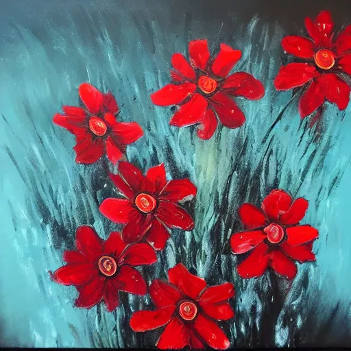 Image similar to oil painting of many various red flowers painted on a black background, the flowers are floating, dark atmosphere, realistic flowers oil painting