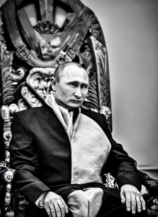 Image similar to A photo of vladimir putin the barbarian sitting on his throne, award winning photography, sigma 85mm Lens F/1.4, perfect faces