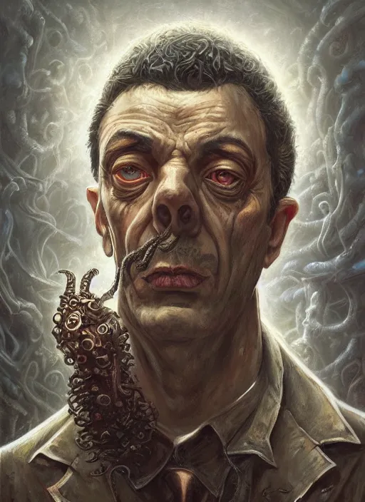 Image similar to lovecraft biopunk portrait of rowan sebastian atkinson by tomasz alen kopera and peter mohrbacher