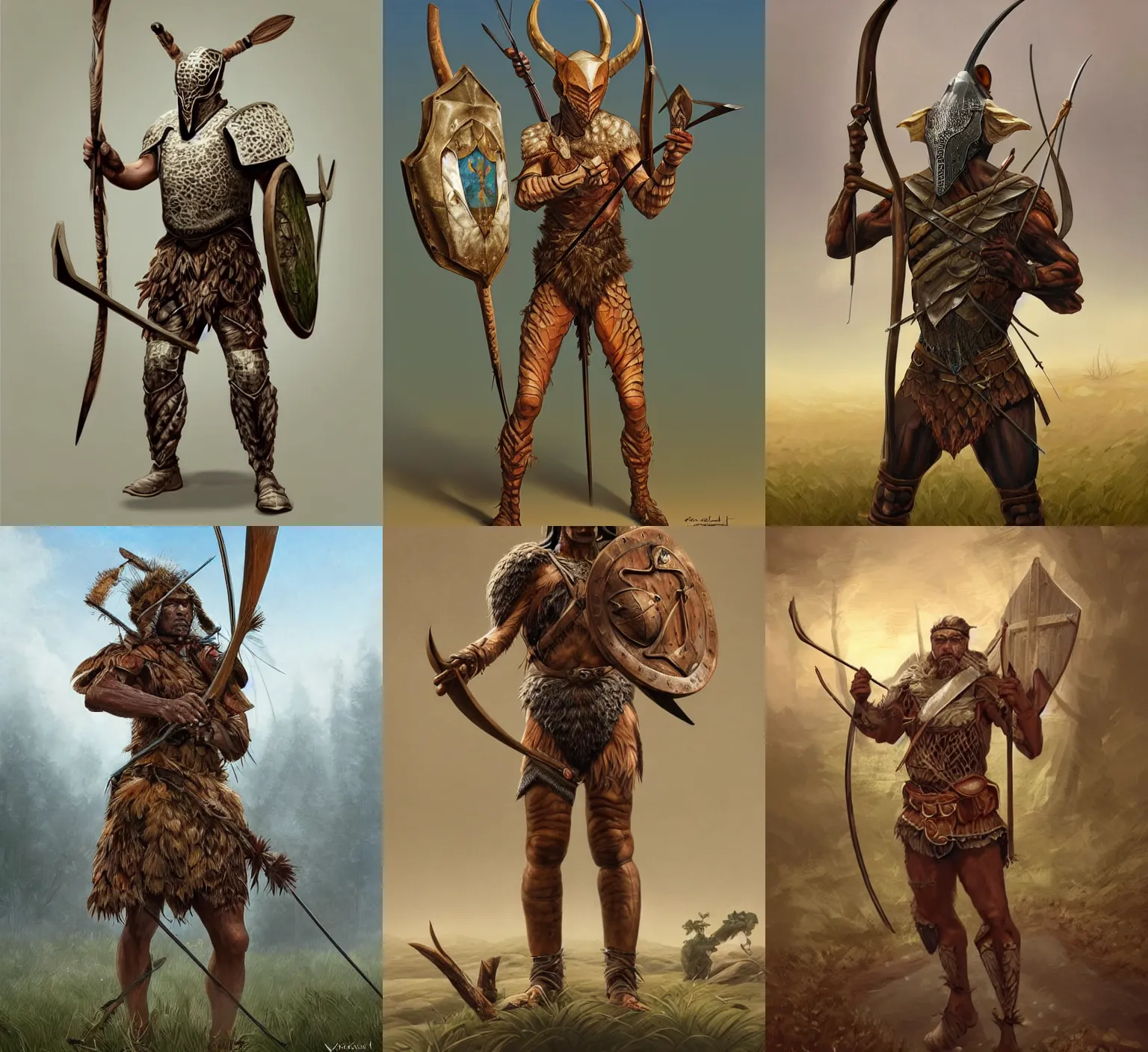 Prompt: full body artwork of an experienced hunter-gatherer with a bow and a shield, wearing an organic carapace armor, incredibly detailed, D&D, finished concept art, digital art by Vladimir Kush, trending on Artstation