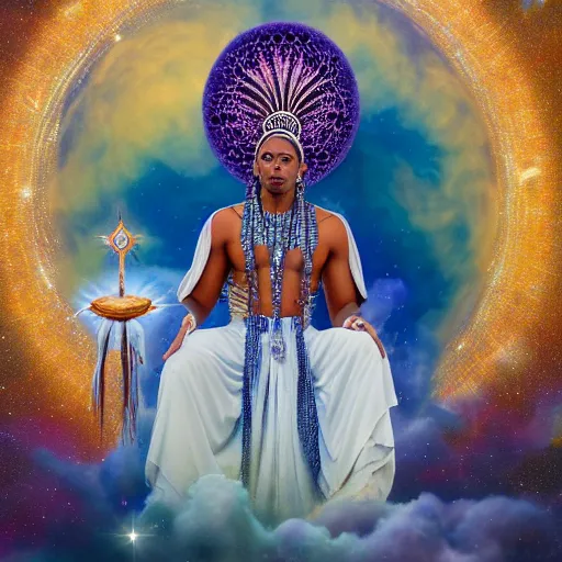 Image similar to obatala the cosmic god sitting on a throne of nebula clouds, by amanda sage and amanda clark, matte painting, orisha, 8k, hd
