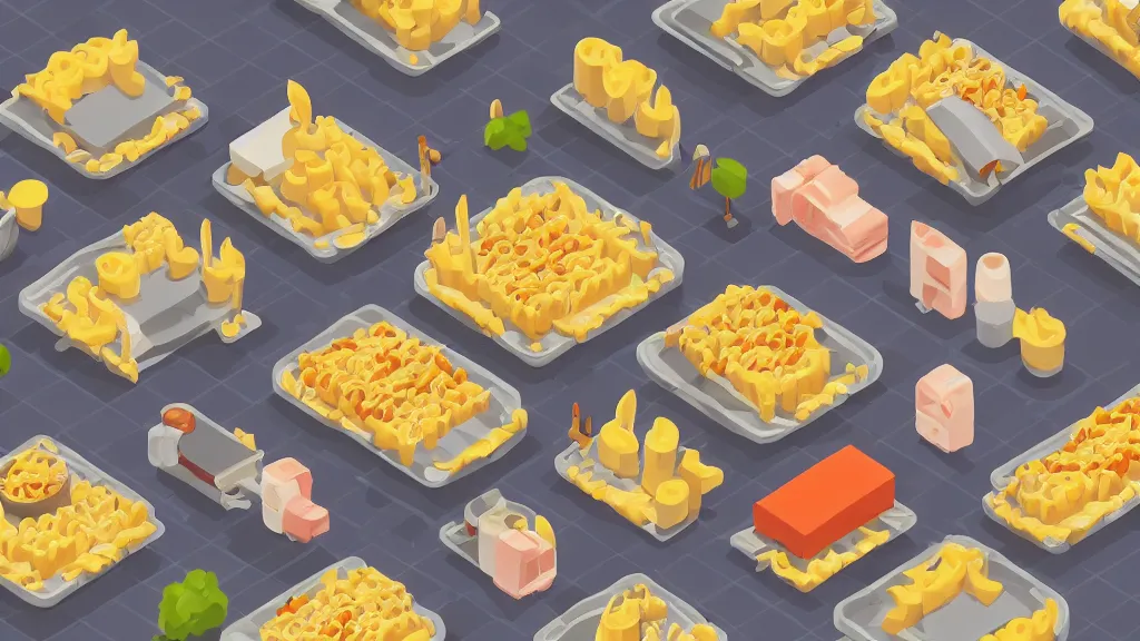 Image similar to mac and cheese humble isometric tuna village / city setting