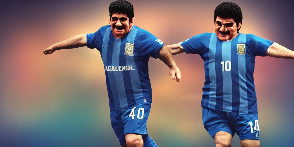 Prompt: funko of maradona with big head, argentina t - shirt, smile, no beard, stand with a ball under his left foot, max resolution, high contrast, cinematic, light cinematic, volumetric, realistic, cinematic lighting, octane render, hyper realistic