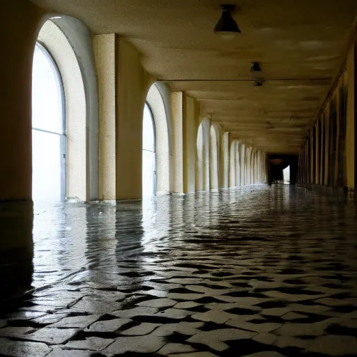 Prompt: an endless hallway with shallow water at the bottem of it, liminal