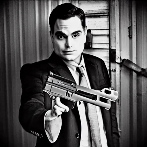 Image similar to “Ben Shapiro as a gangster with gun in hand, 4K, Dark alley way, gloomy lighting, award winning photo”