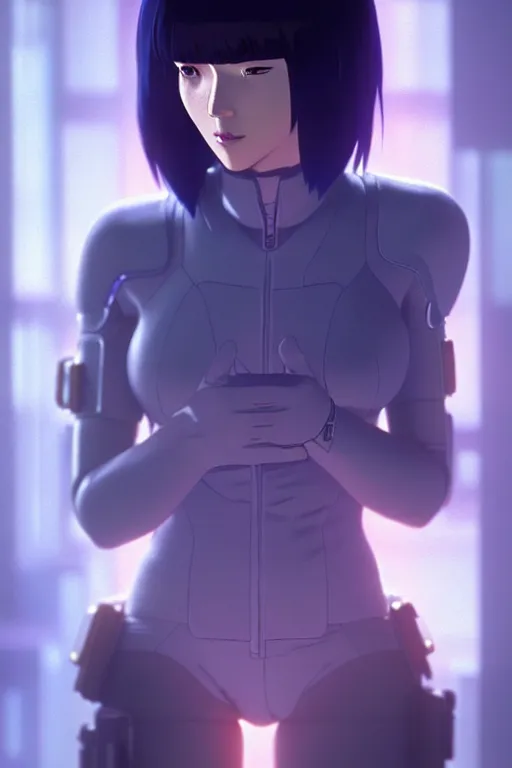 Image similar to a film still portrait of a motoko kusanagi ghost in the shell, finely detailed features : : gits sac twenty forty five netflix : : by ilya kuvshinov, rossdraws, artgerm, sola digital arts, octane render, production ig, volumetric lighting, anti aliasing, raytracing : :