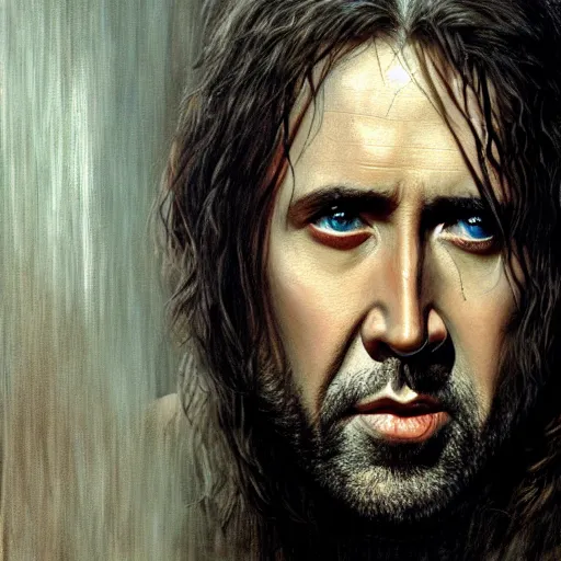 Image similar to portrait of nicolas cage as aragorn, by alan lee, lord of the rings, smooth, detailed terrain, oil painting, matte painting, concept art, trending on artstation, promotional artwork, film still, elegant, photorealistic facial features, intricate, detailed face, cinematic lighting