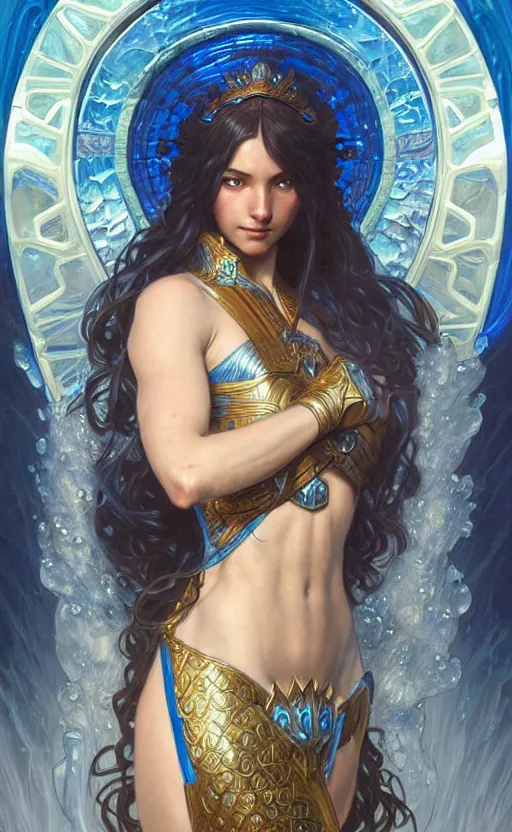 Image similar to a goddess of water wearing blue armor, with arms and hair turning into water, fantasy, intricate, elegant, highly detailed, digital painting, artstation, concept art, wallpaper, smooth, sharp focus, illustration, art by artgerm and greg rutkowski and alphonse mucha