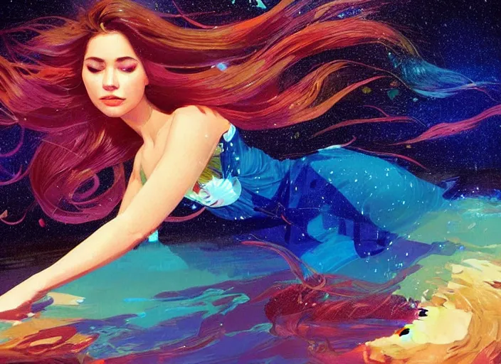 Image similar to a dancer floating underwater, with flowing hair, wearing a flowing sundress, swimming through a colorful starry galaxy, fantasy, cinematic, fine details by realistic shaded lighting poster by ilya kuvshinov katsuhiro otomo, magali villeneuve, artgerm, jeremy lipkin and michael garmash and rob rey