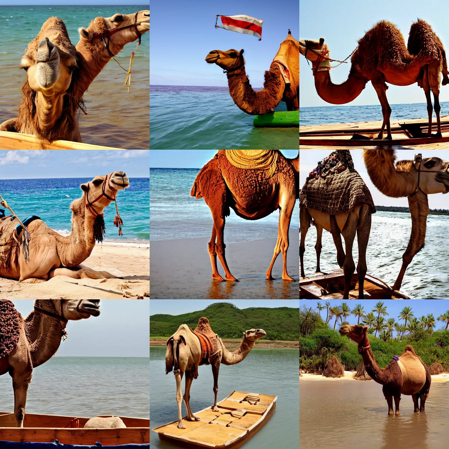 Prompt: a camel sitting on a homemade wooden raft in the ocean