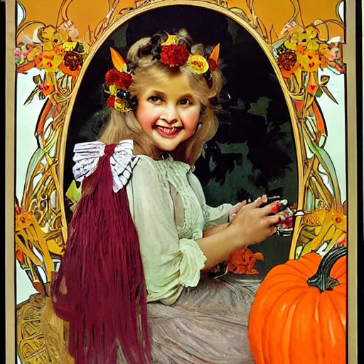 Image similar to a happy little girl with long straight golden blonde hair sitting amidst halloween decor, skulls and pumpkins. beautiful highly detailed face, beautiful painting by alphonse mucha and norman rockwell