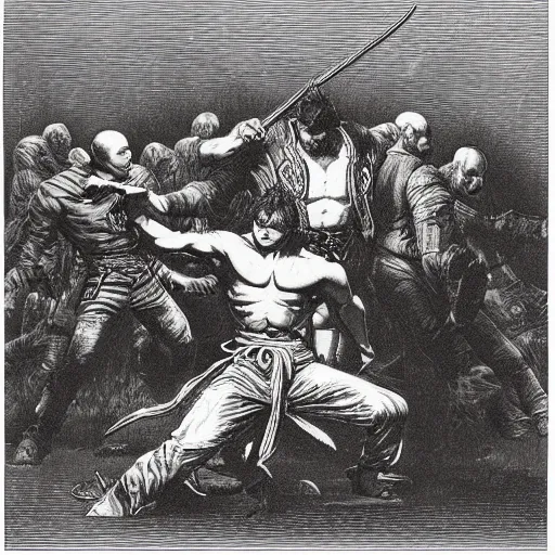 Prompt: A scene from Tekken 7, wood engraving, by Gustave Dore