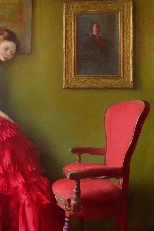 Prompt: a red dress laid across a chair in a dark victorian era room. in the style of american impressionism painting. triadic color scheme