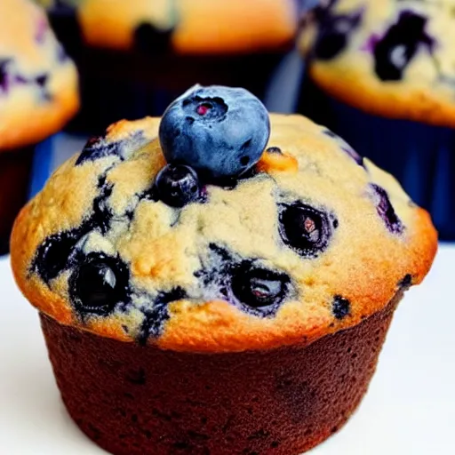 Prompt: A close-up photo of a blueberry muffin that appears to look like a puppy face