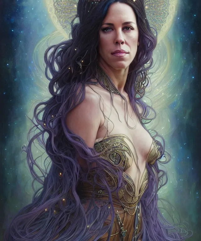 Prompt: Alanis Morissette as a fantasy magic woman portrait, sci-fi, amber eyes, face, long hair, fantasy, intricate, elegant, highly detailed, digital painting, artstation, concept art, smooth, sharp focus, illustration, art by artgerm and greg rutkowski and alphonse mucha