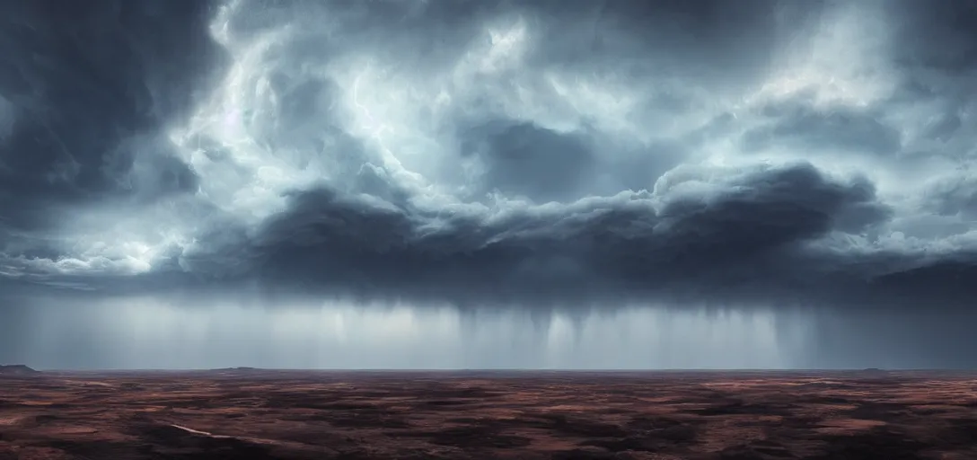 Prompt: a beautiful picture of a dark thundercloud looming on the horizon in a desert, intricate detail, impending doom, sunset, serene, volumetric lighting, volumetric clouds, 8 k, hyperrealistic, digital art trending on artstation