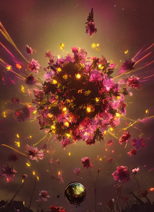 Image similar to An epic fantastic realism comic book style painting of the most beautiful spinning flowers floating into the dark and starry cosmos, exquisite bouquets, fisheye, a star implodes, unreal 5, DAZ, hyperrealistic, octane render, dynamic lighting