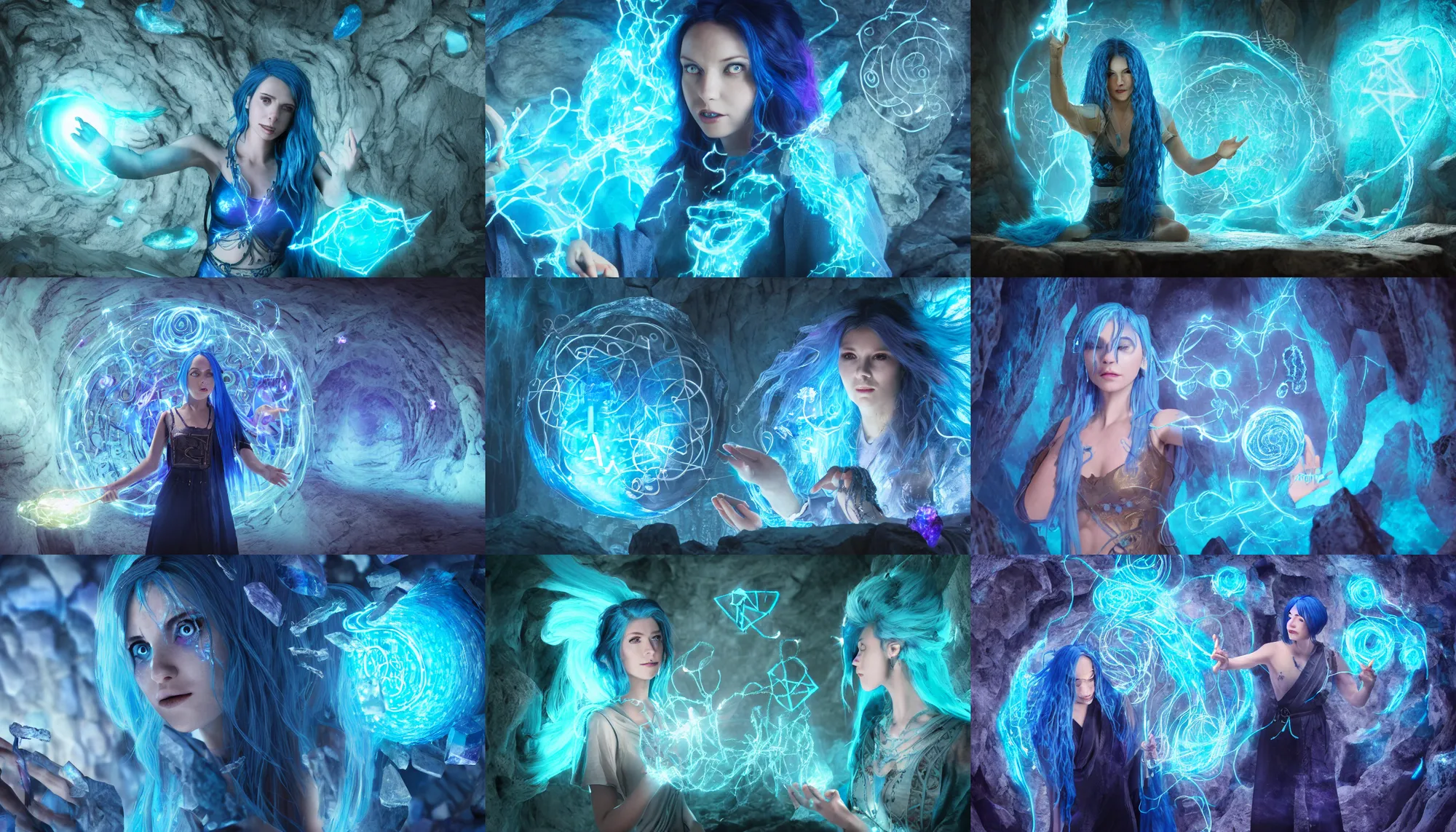Prompt: blue haired female casting a spell, floating sigils, floating runes, floating spellbook, flowing robes, in a cave with crystals on the walls, electric vines and swirls, octane render, fantasy, cinematic composition, dramatic lighting, trending, 8 k hd