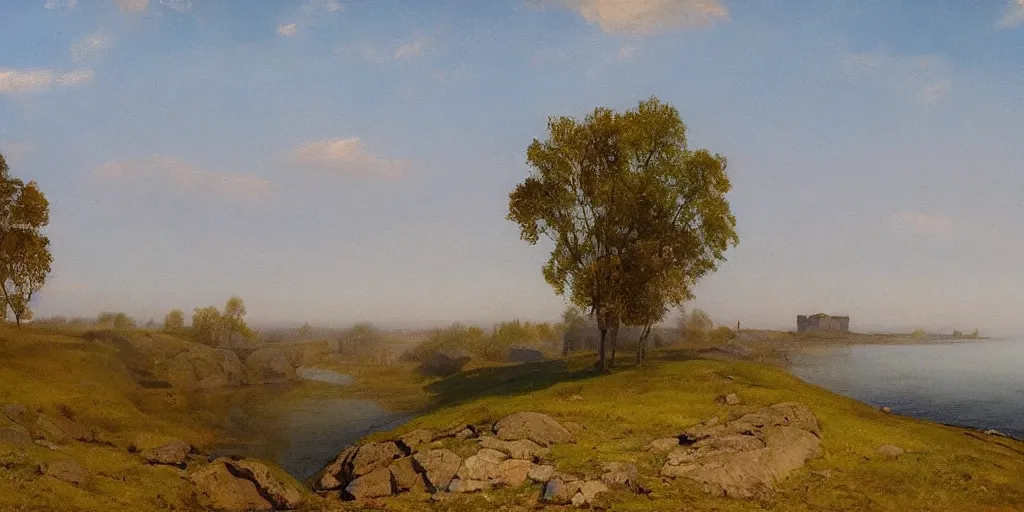 Prompt: Suomenlinna landscape, early morning, mist, matte painting, by Isaac Levitan and Vasily Perov n 4